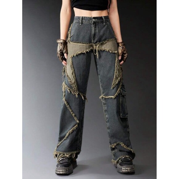Romwe Punk Star Pattern Raw Trim Flap Pocket Cargo Boyfriend Jeans Denim Small - Picture 1 of 9